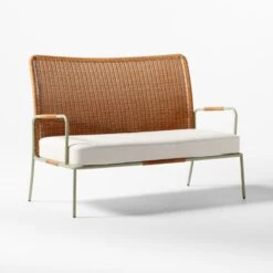 Colombe Green Metal And Rattan Outdoor Loveseat With Ivory Sunbrella® Cushions -Home Furnishing Store ColombeVertLoveseat3QSSS23