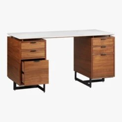 Fullerton 6-Drawer Walnut Wood Desk With White Marble Top 12 Fullerton 6-Drawer Walnut Wood Desk With White Marble Top -Home Furnishing Store FullertonMdlrDskW2DrwrsAVS18