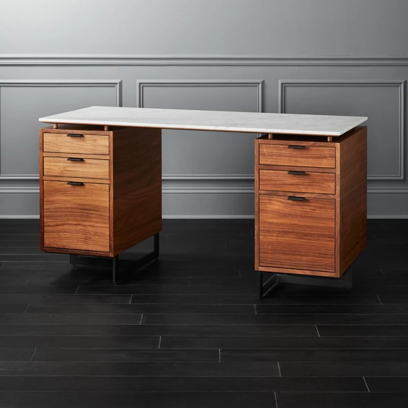 Fullerton 6-Drawer Walnut Wood Desk With White Marble Top 3 Fullerton 6-Drawer Walnut Wood Desk With White Marble Top