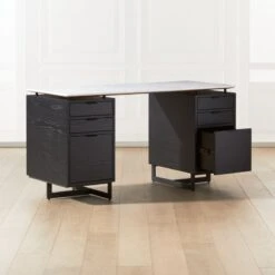 Fullerton 6-Drawer Black Oak Wood Desk With White Marble Top -Home Furnishing Store FullertonModWtDkW2BkDrwAV2SHF20 1x1