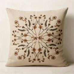 Mandala Floral Linen Throw Pillow With Down-Alternative Insert 23''