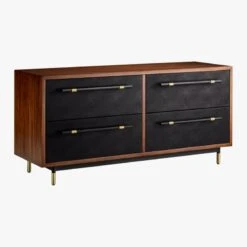 Oberlin 4-Drawer Black Leather And Wood Dresser -Home Furnishing Store OberlinLowDresser3QFS18
