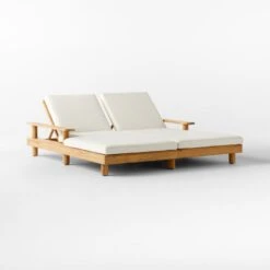 Pinet Teak Outdoor Double Chaise Lounge With Textured Ivory Perennials® Cushions -Home Furnishing Store PinetTeakDoubleChaise3QSSS23