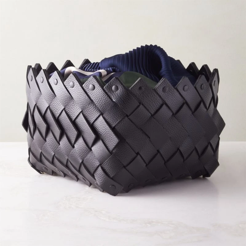 Willa Woven Black Leather Storage Basket Small 5 Willa Woven Black Leather Storage Basket Small - Image 3